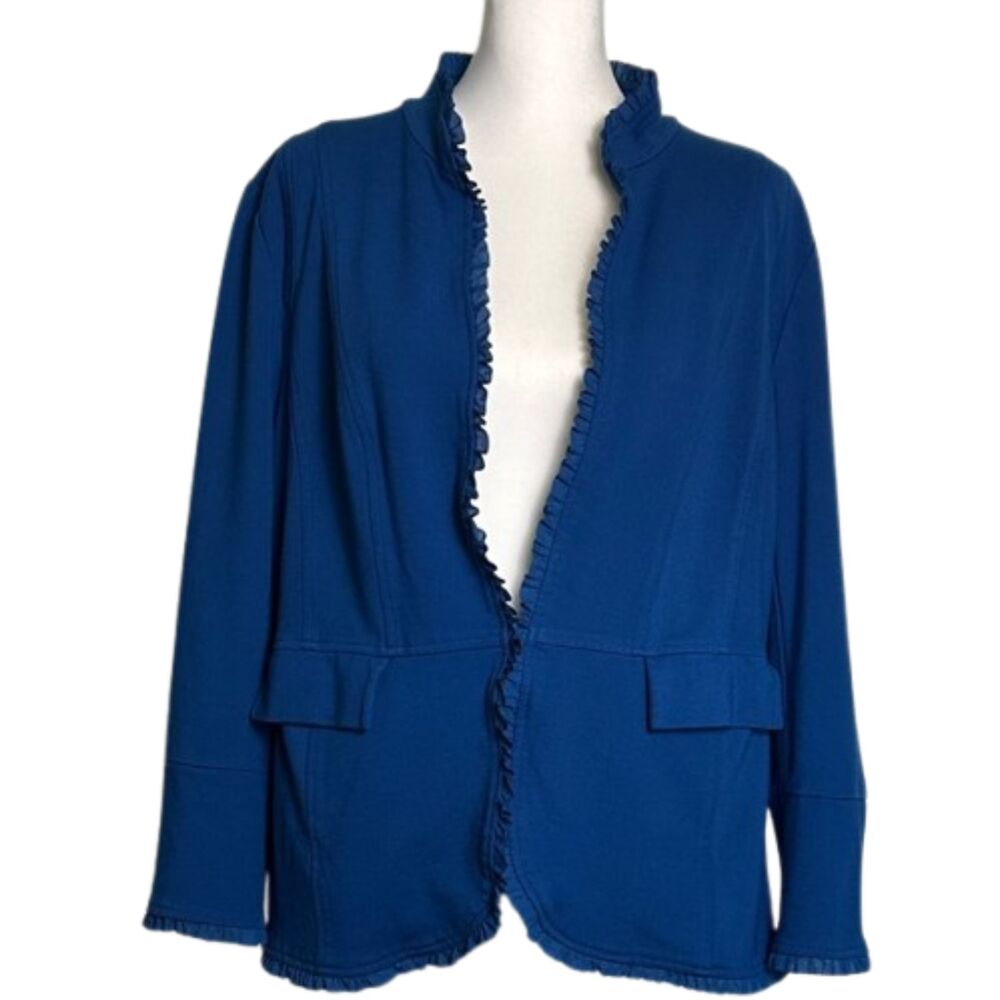 Chicos Ruffle Trim Ponte Knit Blazer Jacket Womens XL Lined Pockets Career Blue